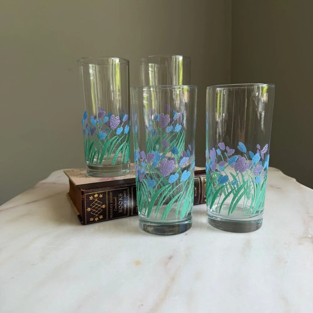 Vintage Libbey Textured Floral Highball Glasses Set of 4 Flower Tumblers